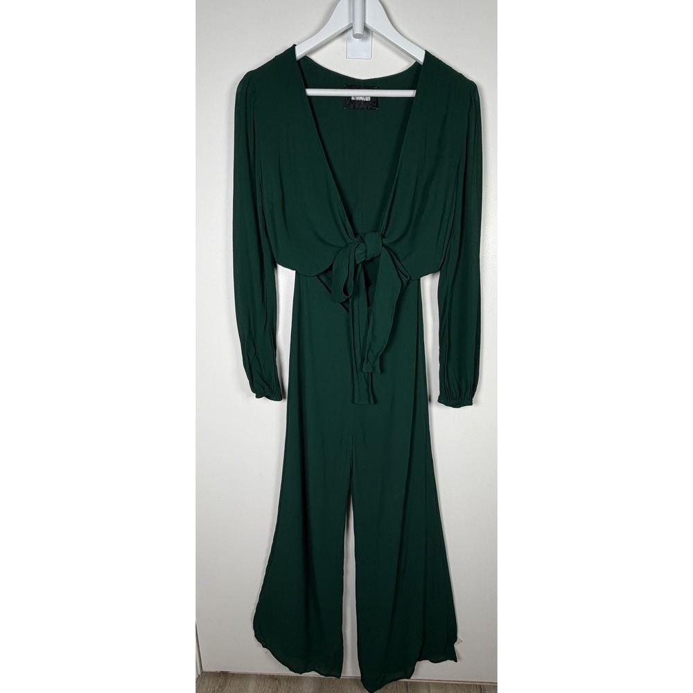 Reformation Sz 4 Emerald Green Long Sleeve Tie Cut Out Front Wide Leg Jumpsuit - Picture 4 of 13